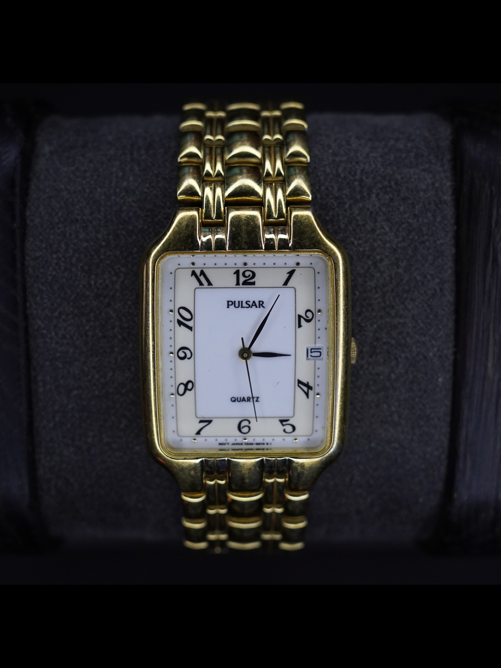 Pulsar Tank Watch Men White Dial Quartz Gold Tone Date Rectangle V532-5A80